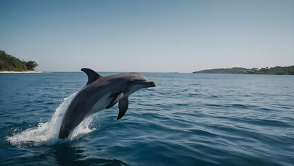 Fototapeta premium A dolphin emerging from the ocean with a splash of joy