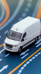 Naklejka premium Delivery van on urban streets, showcasing package routes and dispatch points, designed for efficient tracking, with ample space for text and a clear, detailed focus.