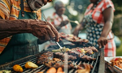 family gathering with elderly African American members cooking on an outdoor grill, enjoying various grilled meats and vegetables, capturing the joy and togetherness of the occasion