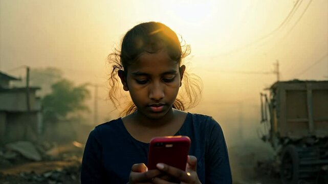Indian teen girl texting on her phone in a slum at sunset as the camera pushes towards her.
