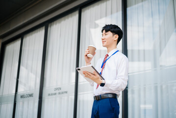 Fototapeta premium Confident Asian man with a smile standing holding notepad and tablet at out side office. big city on business center