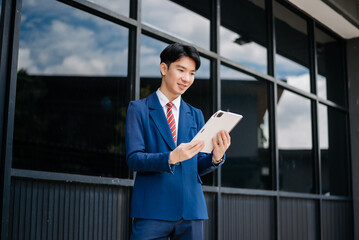 Fototapeta premium Confident Asian man with a smile standing holding notepad and tablet at out side office. big city on business center