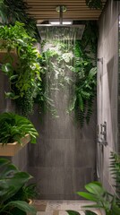 Fototapeta premium Lush Green Oasis: Modern Shower with Rainfall Showerhead in Verdant Bathroom. AI-Generated 4K Wallpaper Showcasing Luxurious Eco-Friendly Bathing Experience. Contemporary Bathroom Design Blending Natu