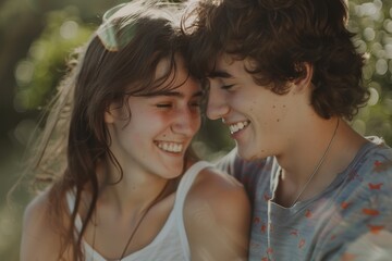 Fototapeta premium Candid shot of smiling teenage couple enjoying a sunny day outdoors.