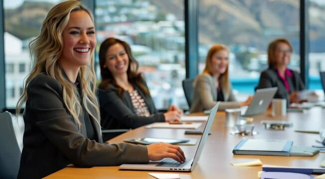Happy businesswoman laughing while leading a meeting with her colleagues. Group of diverse businesspeople working together in a modern workplace. Business colleagues collaborating on a project.