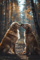 Two golden retrievers snuggling in the woods with sunlight filtering through the trees.