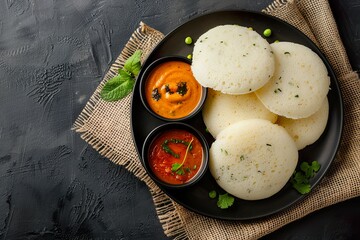 Traditional Indian Idlis with Chutneys and Sambar