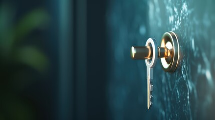 A modern key inserted into a sleek, contemporary door lock, emphasizing the clean lines and polished surfaces of the key and lock. The image conveys a sense of modernity and security.