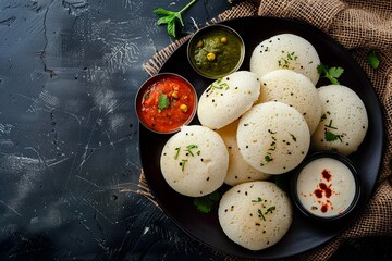 Traditional Indian Idlis with Chutneys and Sambar