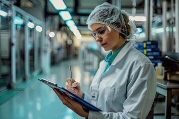 Female Technician Taking Notes in Food Processing Plant