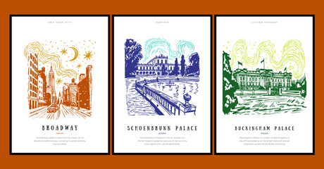 Big city, capital city Decorative vintage poster. Travel Poster Poster cityscape landmarks, sea, sunset sky. Vector illustration