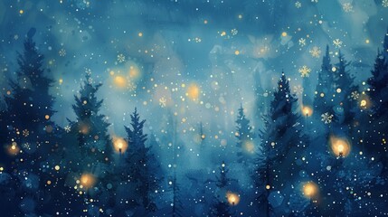 Obraz premium Festive Christmas Tree in a Winter Wonderland: A Colorful Watercolor Painting of a Snowy Forest with Stars and Snowflakes, Perfect for a Merry Holiday Card