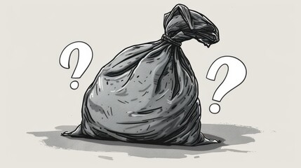 Illustration of a trash bag with question marks above it, evoking confusion or curiosity about what's inside.