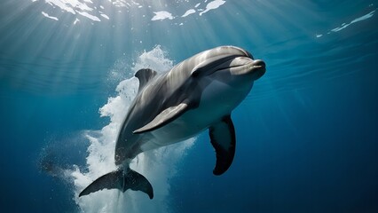 A dolphin swimming effortlessly beneath the surface in the bright sunlight