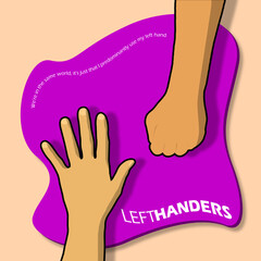 Lefthanders Day event banner. Left hands playing Rock Paper Scissor on purple mat to celebrate on August 13th