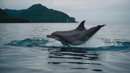 Fototapeta premium A dolphin spinning joyfully above the sea waves in the surf