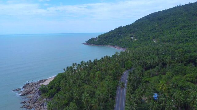 Aerial beautiful view of seaside road between Khanom and Sichon, Nakhon Si Thammarat, Thailand.