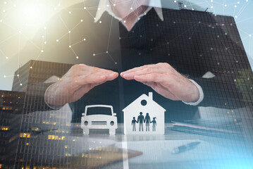 Concept of life, home and auto insurance; multiple exposure