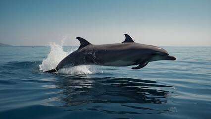Naklejka premium A dolphin swimming smoothly through the calm blue waters of the ocean