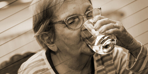 Elderly woman drinking water, geometric pattern
