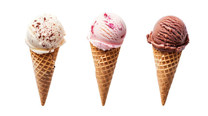 Three ice cream cones with different flavor isolated on transparent background