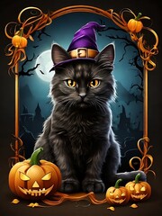 Happy Halloween creative poster design.Calligraphy with cat with witch hat,angry pumpkin, cartoon castles,full moon.Can be used for banners,posters,invitations. halloween card with cat and pumpkin.