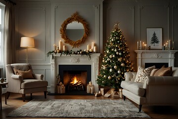 genrative ai Cozy living room decorated for Christmas with tree and fireplace
