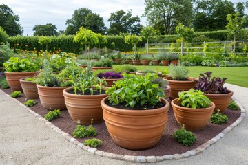 Harvesting pots in garden design showcase the practical and aesthetic aspects of gardening. 