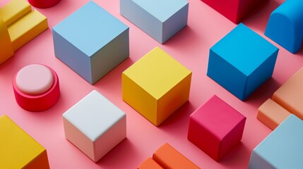 Obraz premium Minimalistic Colorful Blocks on Pink Background