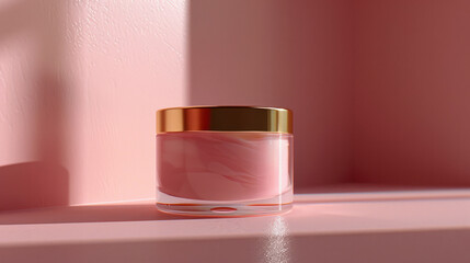 Elegant Pink Cosmetic Jar on Pink Shelf
