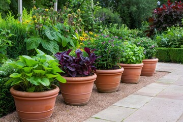 Harvesting pots in garden design showcase the practical and aesthetic aspects of gardening. 