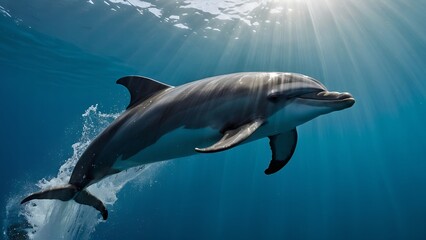 Naklejka premium A pair of dolphins swimming close together in the warm embrace of the sea