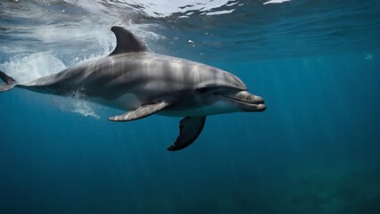 Fototapeta premium A dolphin emerging from the ocean with a splash of fun