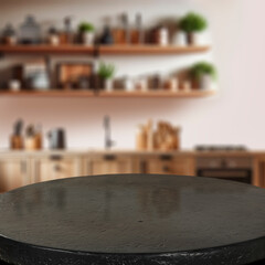 Black empty kitchen table with space for products. Blurred kitchen wall with shelves and kitchen utensils background.