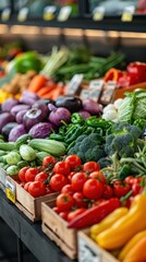 Fresh Produce Vendor Online Marketplace, vibrant array of fruits and vegetables displayed for sale, inviting layout with ample space for text, showcasing agricultural abundance