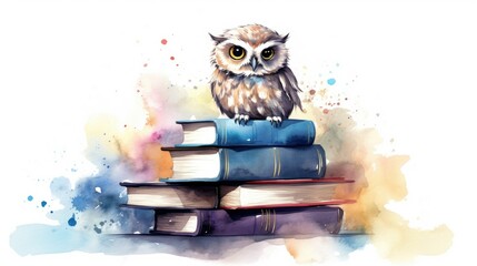 Obraz premium watercolor owl sitting on top of books clipart