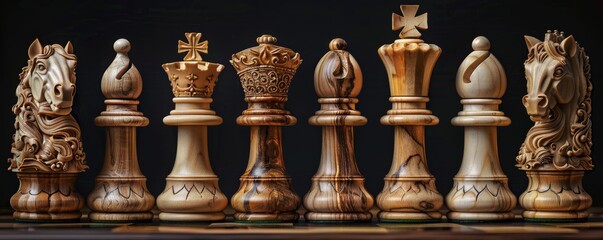 Exquisite Wooden Chess Pieces with Intricate Carvings on Dark Background