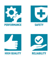 Icons - Safety, Performance, Reliability, High Quality. Square shape with negative space