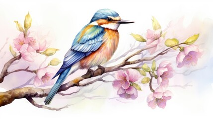 Obraz premium Cute bird sitting on a cherry blossom branch