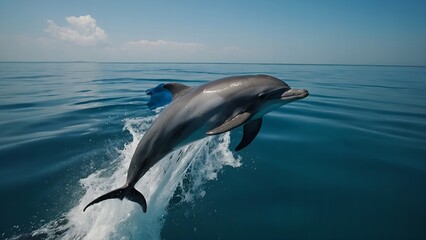 Fototapeta premium A group of dolphins performing high-aerial stunts in the bright blue ocean