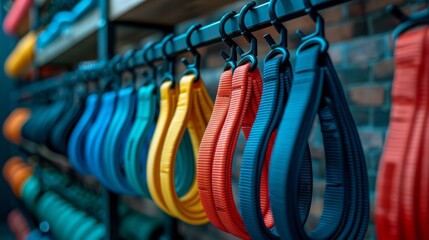 Colorful Resistance Bands Hanging in Gym for Strength and Flexibility Training