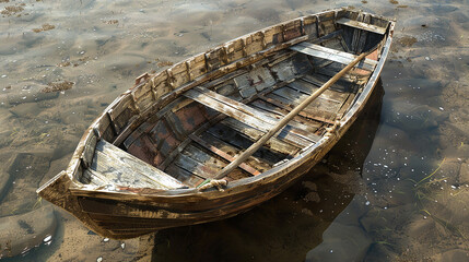 Old wooden boat with oar 3d render