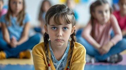 Obraz premium Elementary student sitting away from her classmates and teacher and feeling sad during physical education class.
