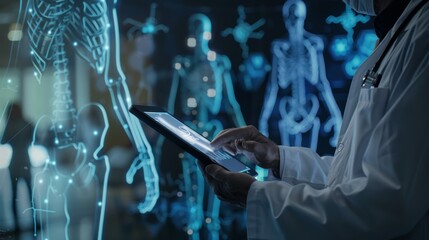 Medical technology concept. doctor using tablet is showing digital hologram icons and medical symbols on the touch screen in the style of future technology in healthcare concept.