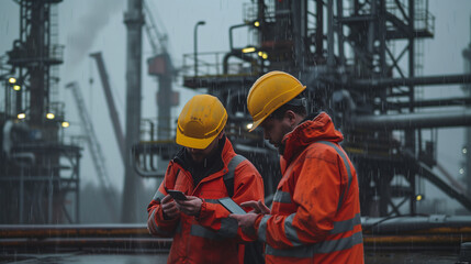 Two construction workers wearing yellow safety helmets and orange work , looking at data on their phones in front of an industrial scene during rain with a gray sky. 