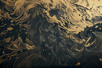 intricate gold and black abstract wave patterns with detailed line work and swirling designs in a luxurious style