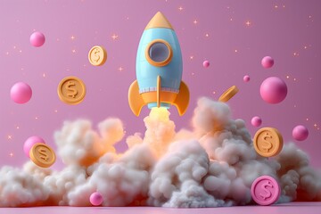 Fototapeta premium Pink and gold dominate this rocket's ascent into fluffy clouds