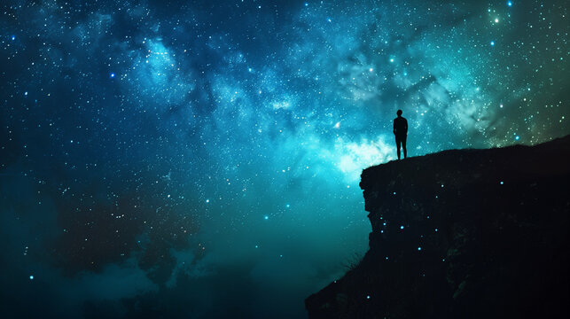 Starry sky, silhouette of a man standing on a cliff, night scene, starry background, dark blue and green tones, distant view, fisheye lens, natural light illumination, contemplativ