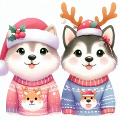 Fototapeta premium Two adorable cartoon huskies wearing Christmas sweaters and hats.