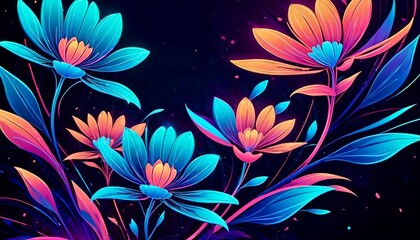 Vibrant neon flowers on dark background, abstract digital art